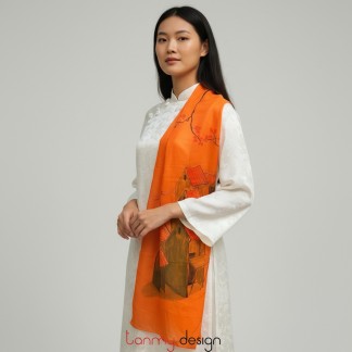 Khăn gai dài màu cam đậm vẽ tay hình phố cổ 70*190cm